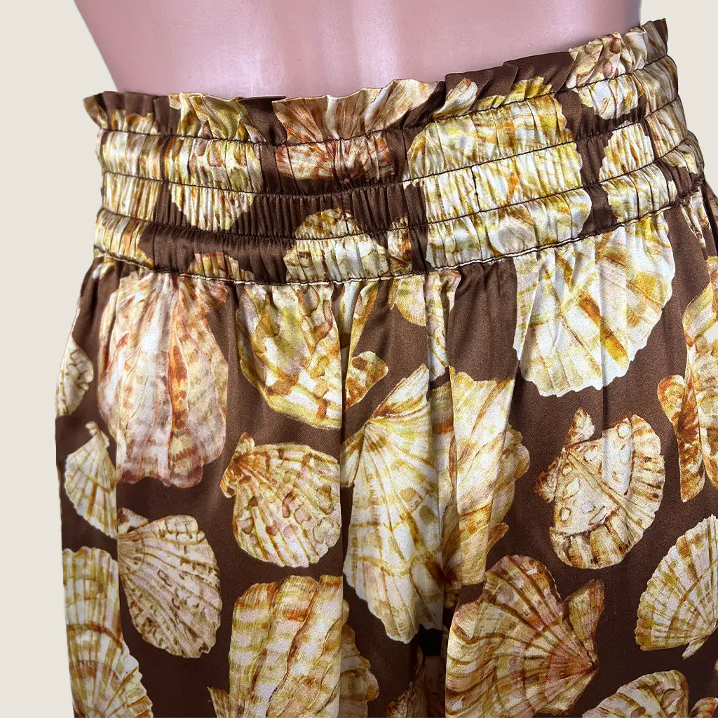 Back Waist View of the Odet Stripe Seashell Silk Pant in Brown