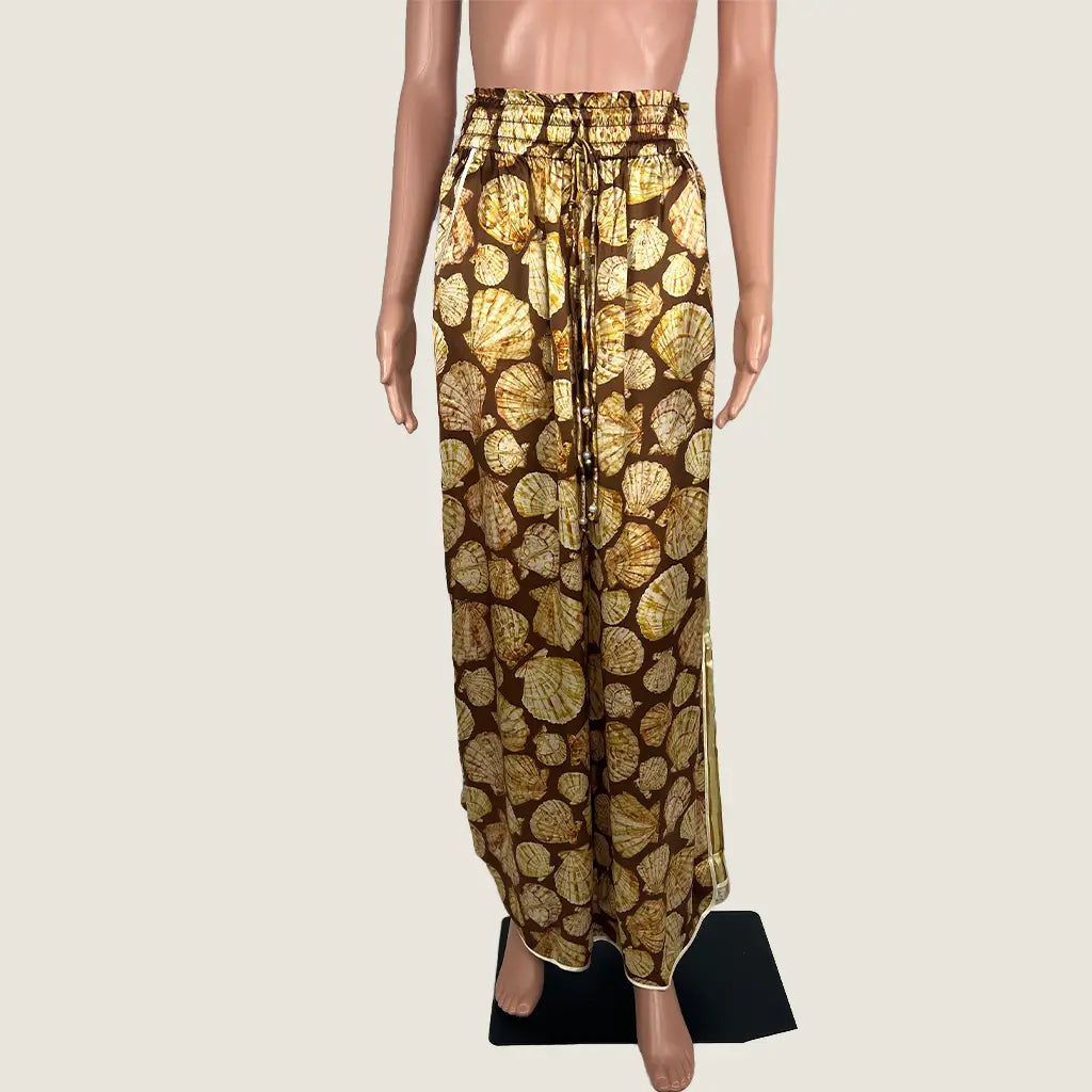 Front View of the Odet Stripe Seashell Silk Pant in Brown