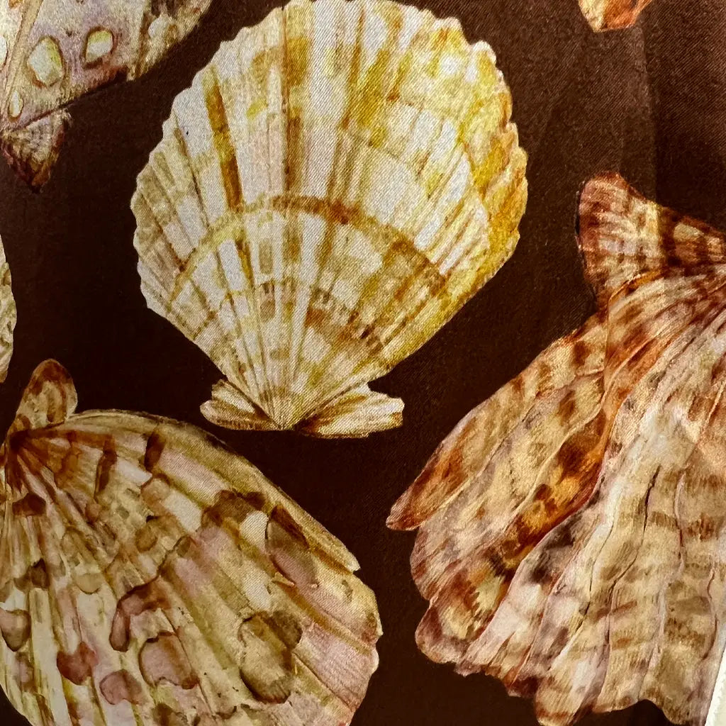 Print Detail View of the Odet Stripe Seashell Silk Pant in Brown