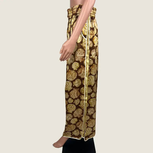 Side View of the Odet Stripe Seashell Silk Pant in Brown