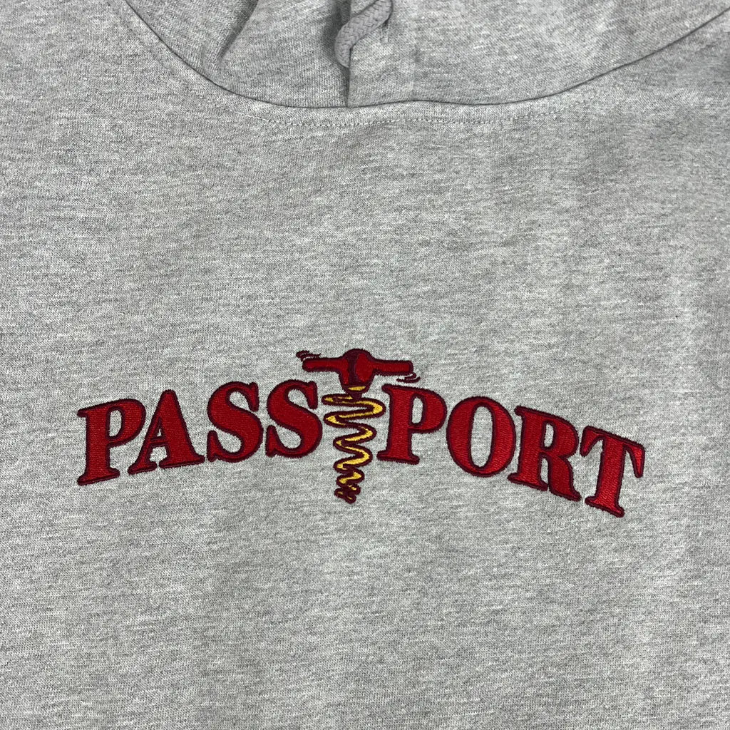 Front Logo Detail View of the Pass Port Skateboards Corkscrew Embroidery Hood