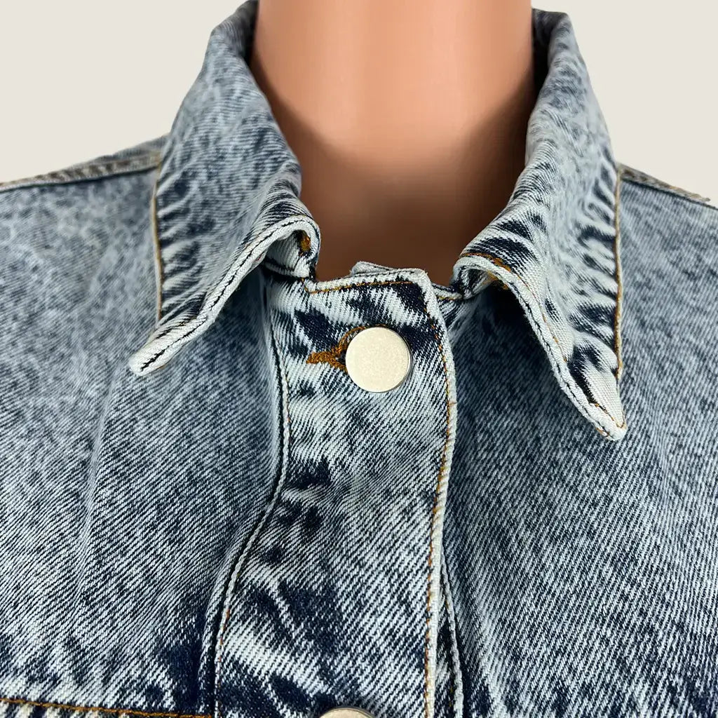 Front Collar View of the Pink Diamond Idonea Oversized Denim Jacket