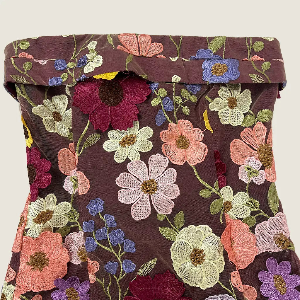Front Detail View of the Pink Diamond Strapless Flower Mini Dress