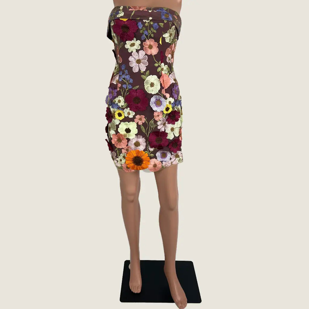 Front View of the Pink Diamond Strapless Flower Mini Dress on a mannequin
