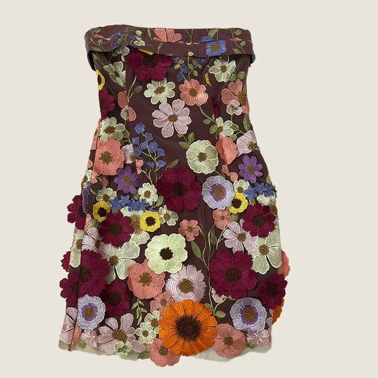 Front View of the Pink Diamond Strapless Flower Mini Dress