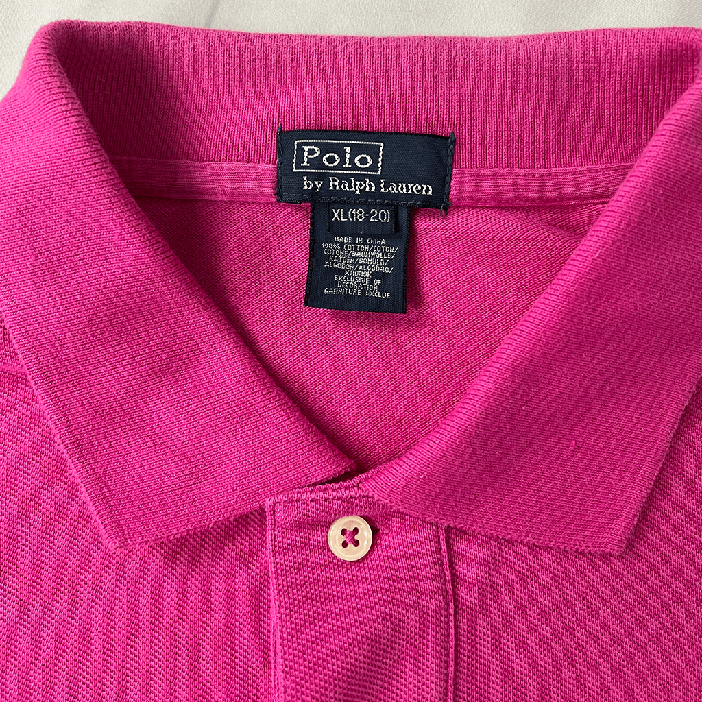 Front collar detail of the pink Ralph Lauren Short Sleeve Men's Polo