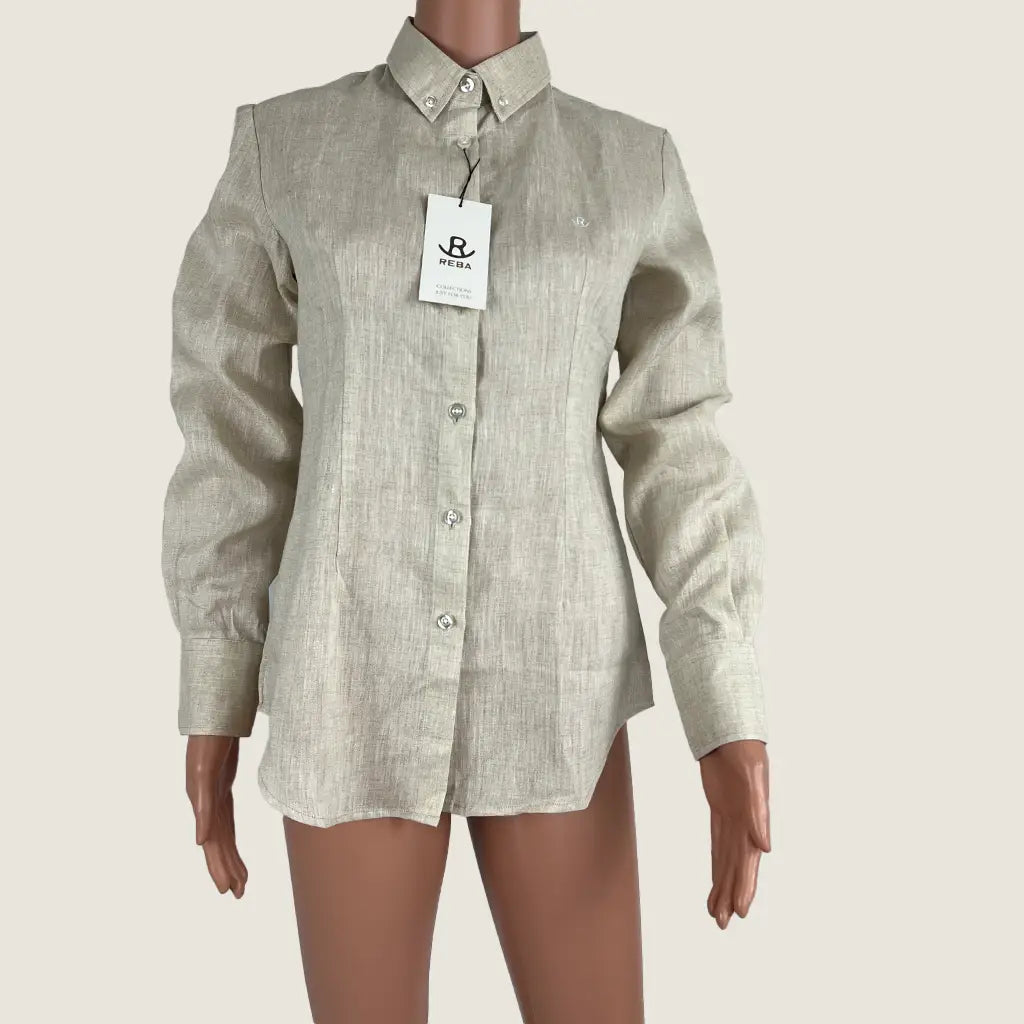 Front View of the Classic Fit Reba Beige Linen Gal