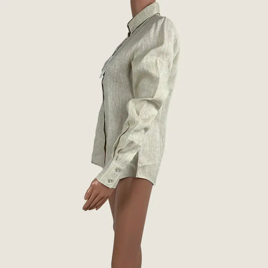 Side View of the Classic Fit Reba Beige Linen Gal