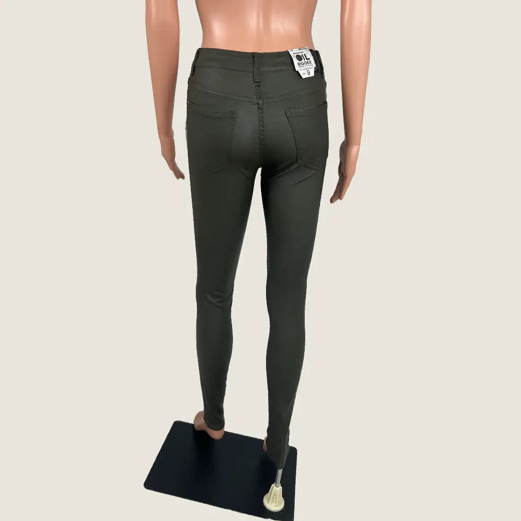 Back View of the Refuse Denim Dark Olive Oil Rigger High Rise Jean