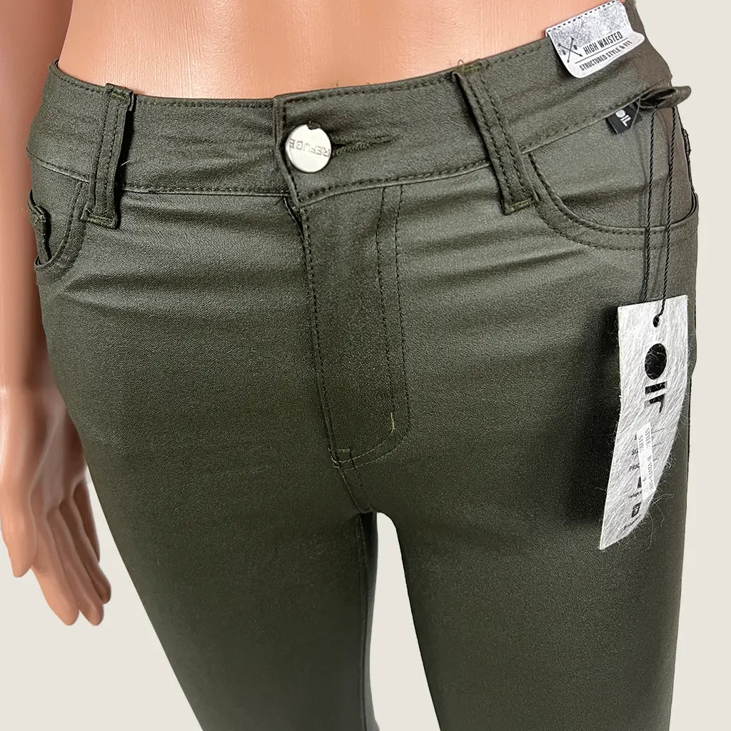 Back Detail View of the Refuse Denim Dark Olive Oil Rigger High Rise Jean