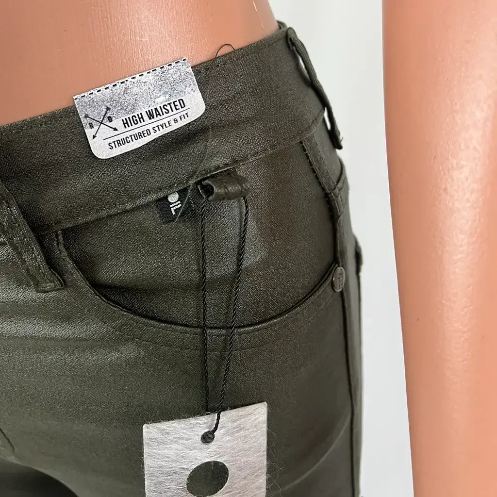 Front Pocket View of the Refuse Denim Dark Olive Oil Rigger High Rise Jean