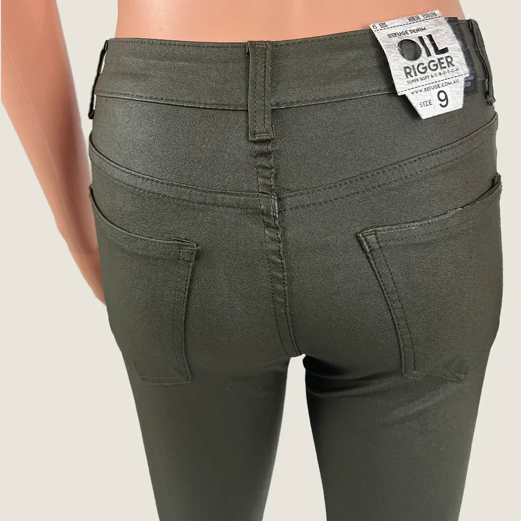 Back Detail View of the Refuse Denim Dark Olive Oil Rigger High Rise Jean