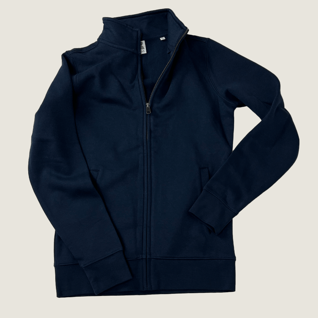 Front view of the Russell navy trucker jacket