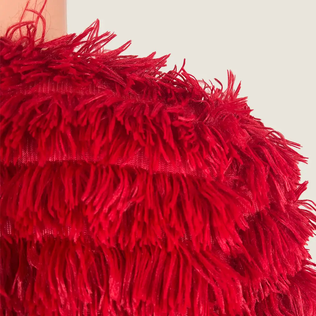 Back Shoulder View of the Shein Open Red Fringe Jacket