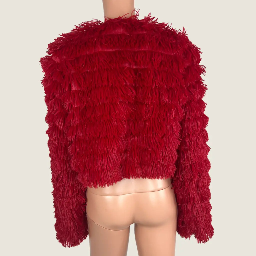 Back View of the Shein Open Red Fringe Jacket