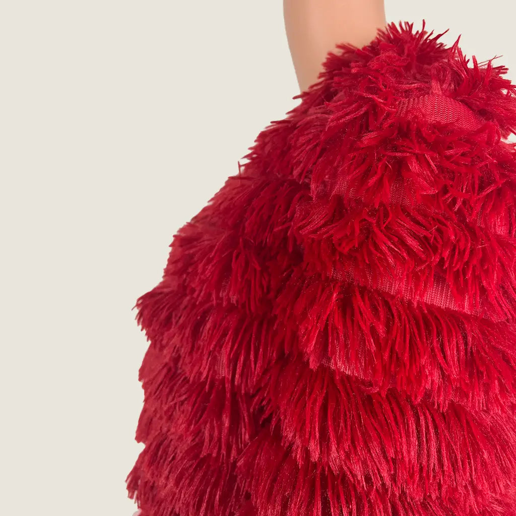 Side Detail View of the Shein Open Red Fringe Jacket