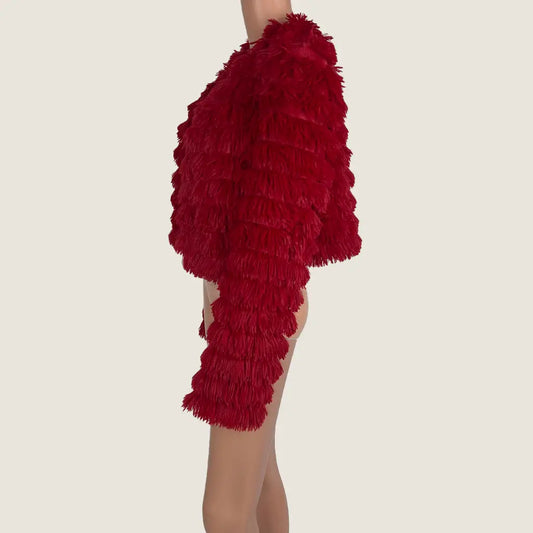 Side View of the Shein Open Red Fringe Jacket