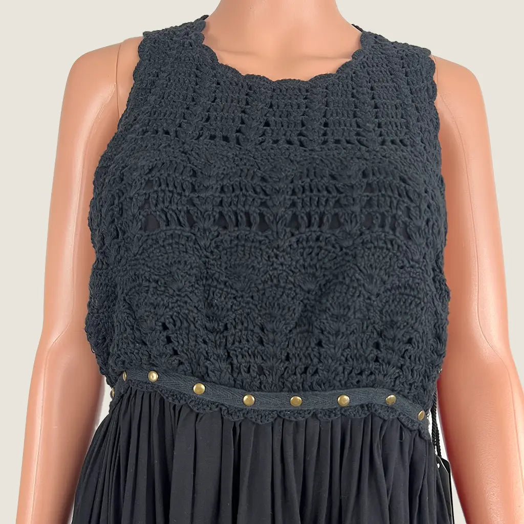 Front Detail View of the Shona Joy Sundance Crochet Cut Out Dress