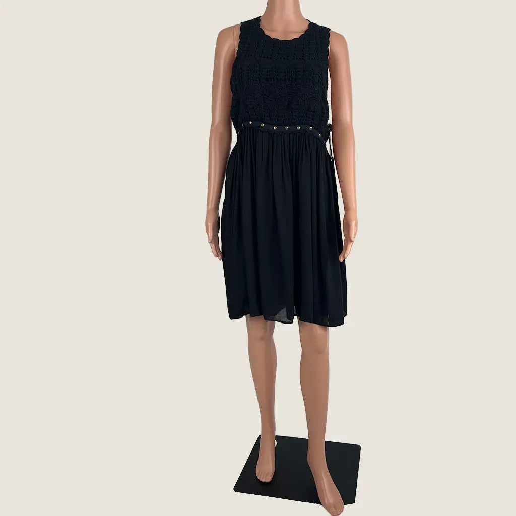 Front View of the Shona Joy Sundance Crochet Cut Out Dress