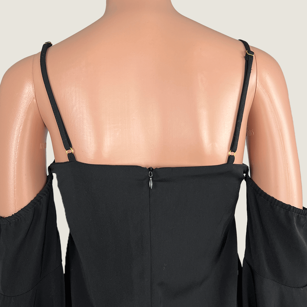 Back close up view of the Shona Joy Off The Shoulder Bell Sleeve Black