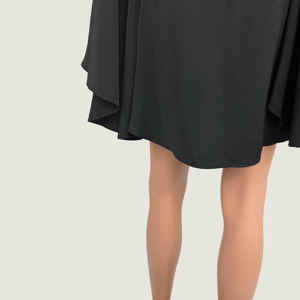 Back hem view of the Shona Joy Off The Shoulder Bell Sleeve Black
