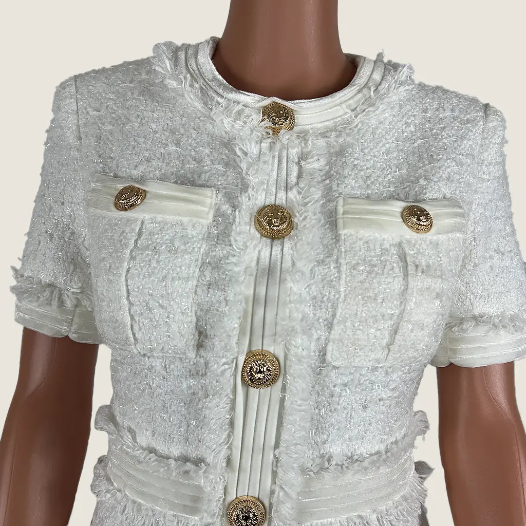 Front Detail View of the Sierra Darien White Midi Dress