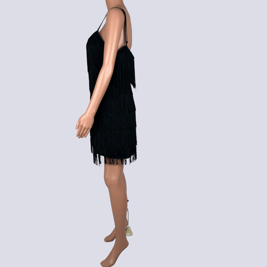 Side view of the Spicysugar black fringe flapper dress