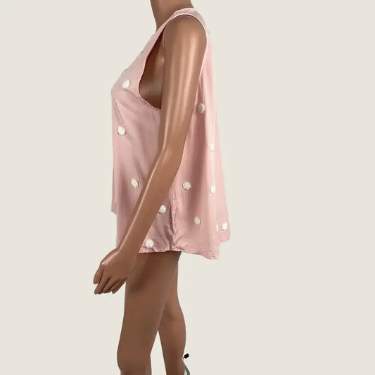 Side View of the Sunny Girl Pink and White Polkadot Top