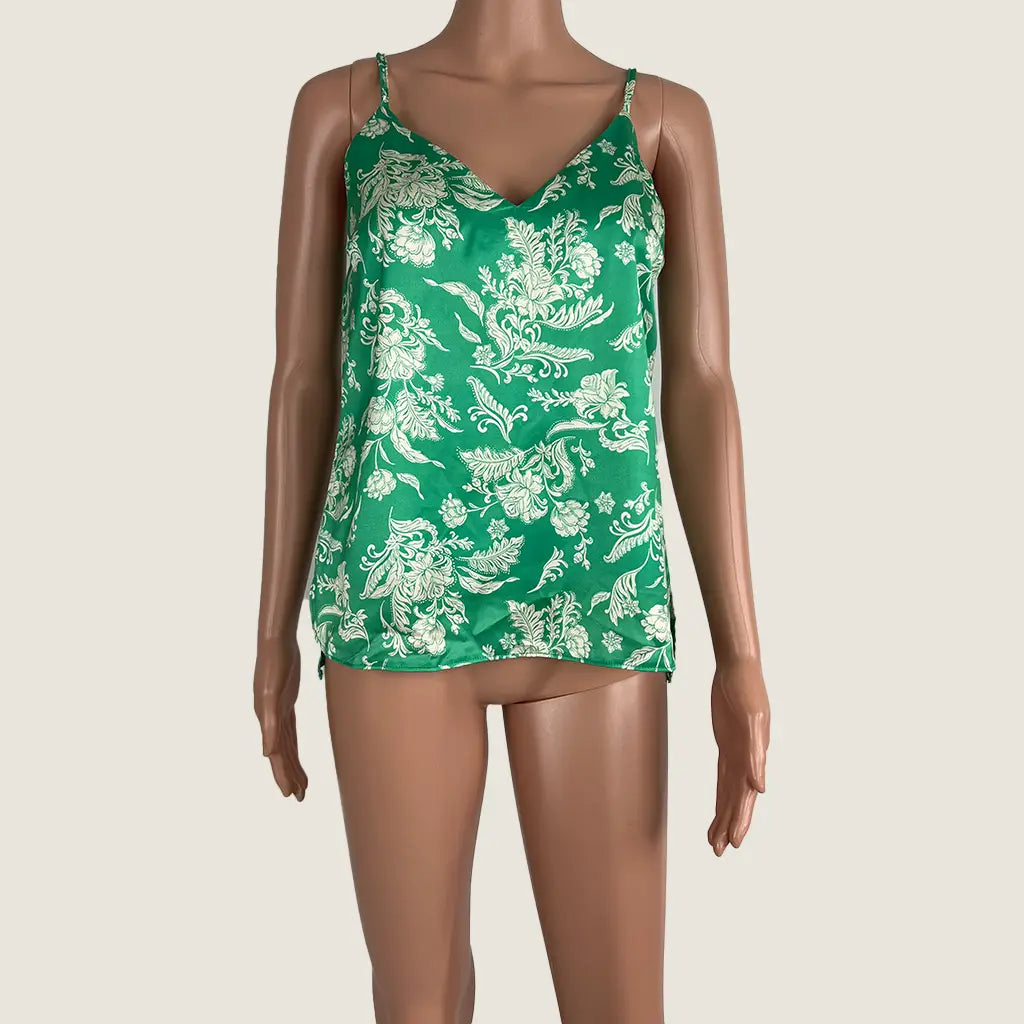 Front View of the Sunny Girl Green and Cream Paisley Tank