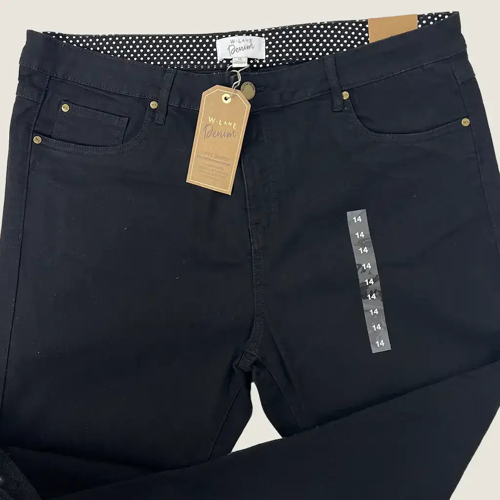 Front Detail View of the W-Lane Super Shaper Full Length Black Jeans