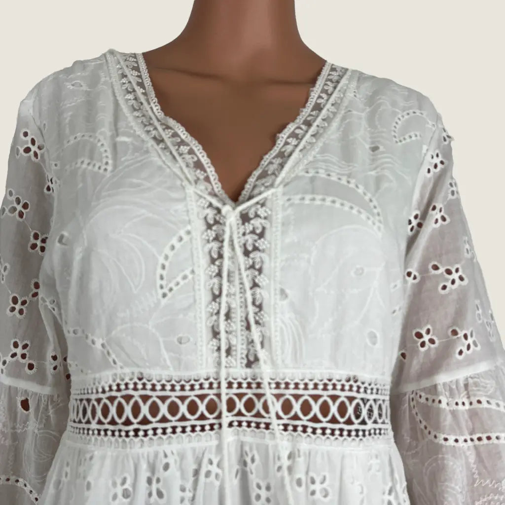 Front Detail View of a White Lace Summer Midi Dress