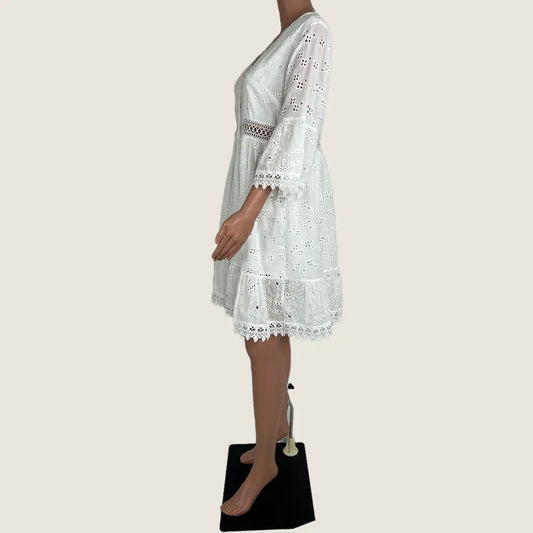 Side View of a White Lace Summer Midi Dress