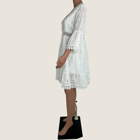 Side View of a White Lace Summer Midi Dress