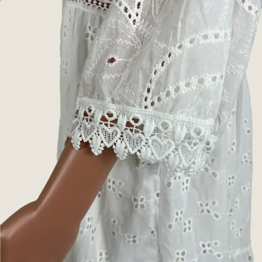 Sleeve Detail View of a White Lace Summer Midi Dress
