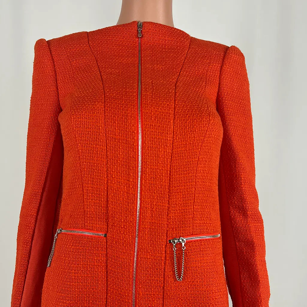 Front Detail View of the Willow Orange Blazer Midi Dress