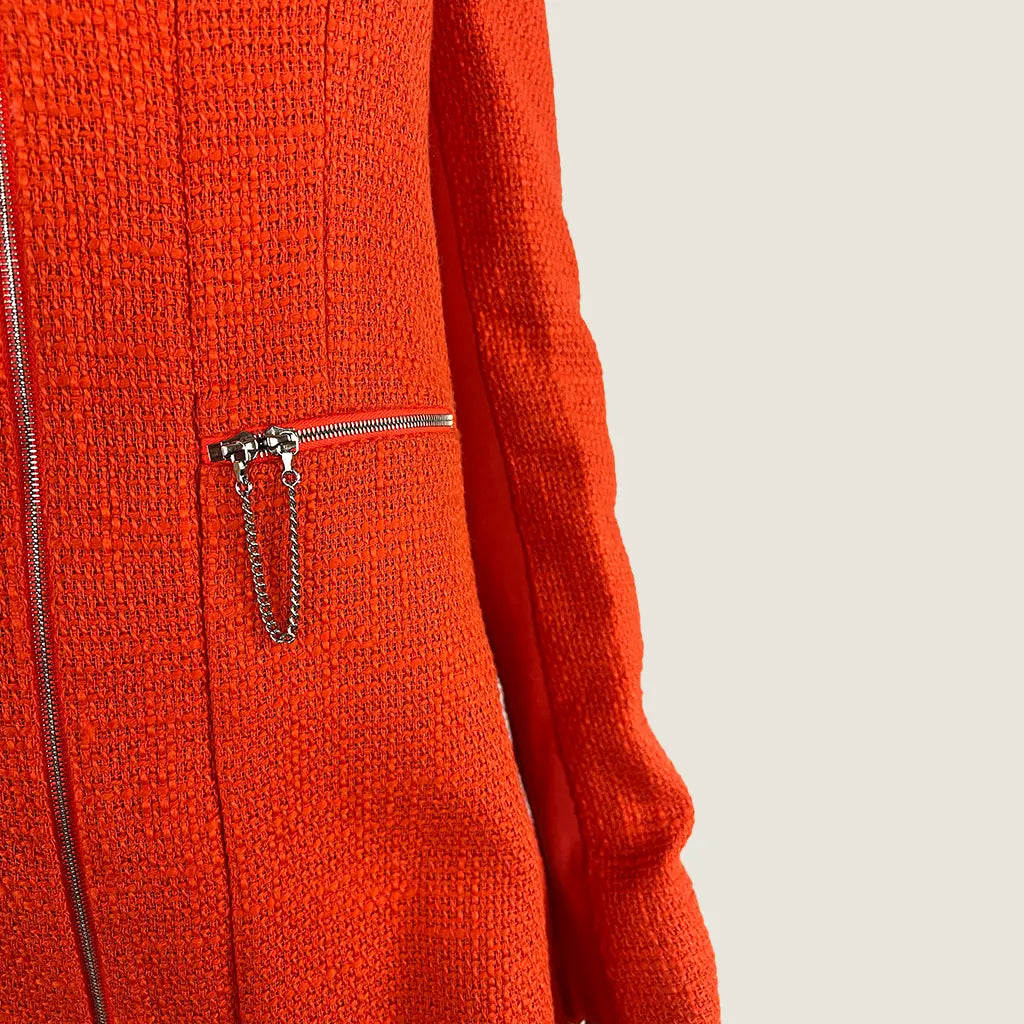 Front Detail View of the Willow Orange Blazer Midi Dress