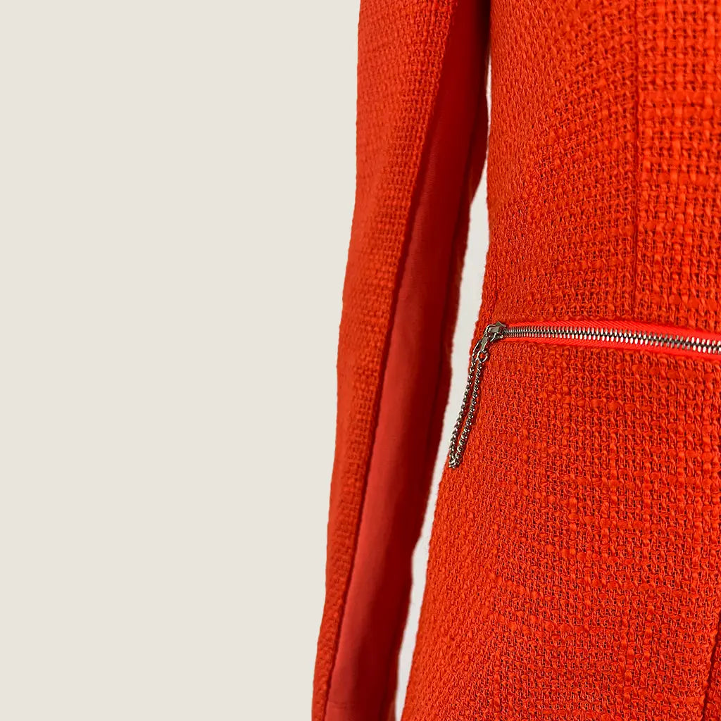 Front Side View of the Willow Orange Blazer Midi Dress