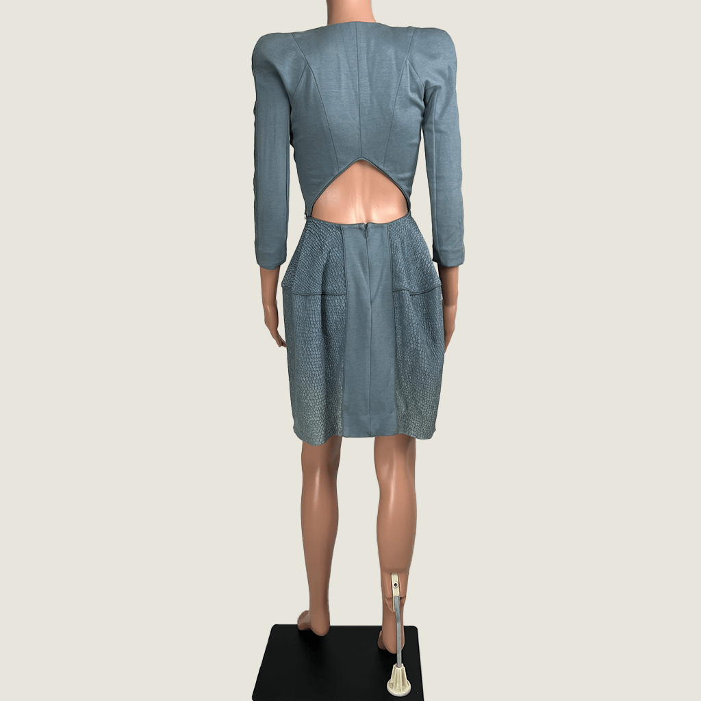 Back view of the Willow blue grey cut out evening dress