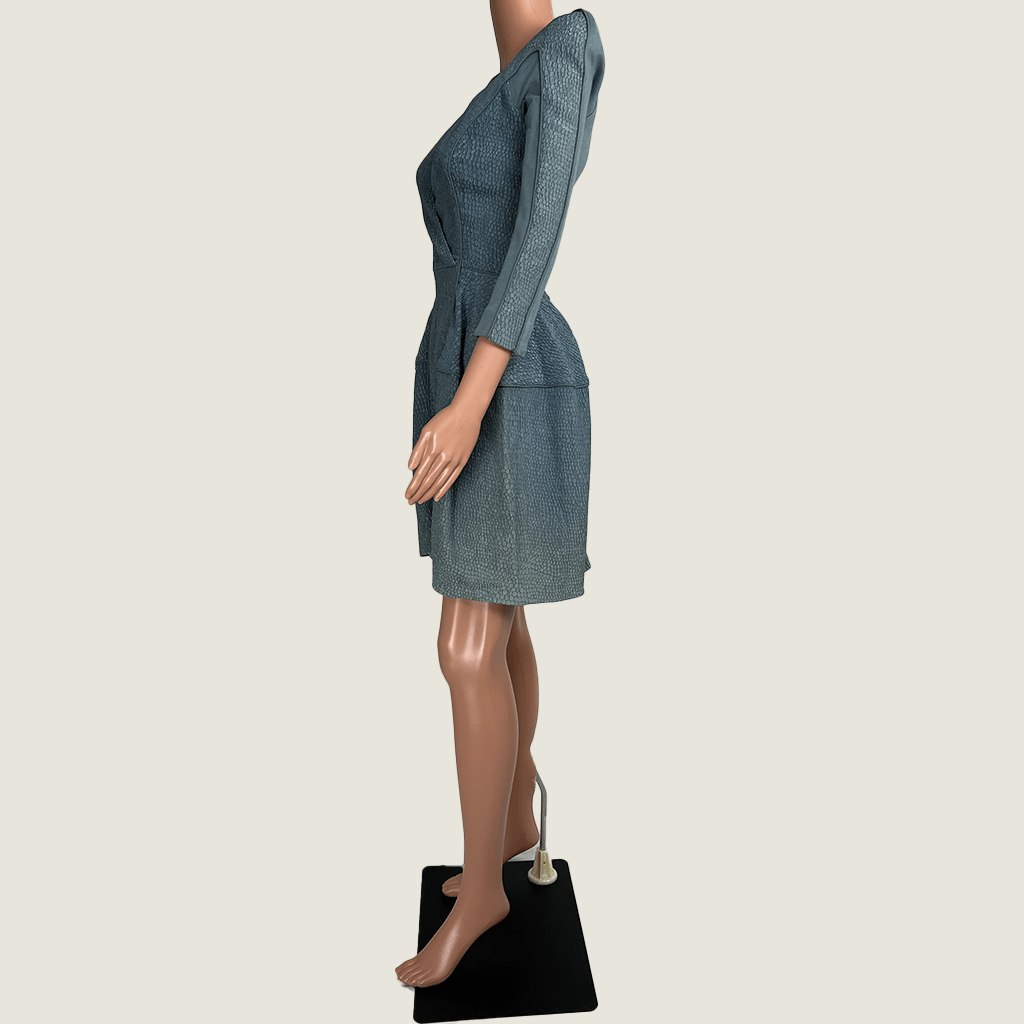Side view of the Willow blue grey cut out evening dress