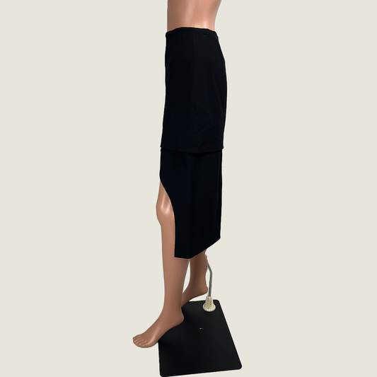 Side view of the Willow wool blend faux wrap skirt