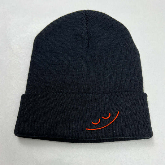 Otto Black Beanie With Red Stitched Smiley Face