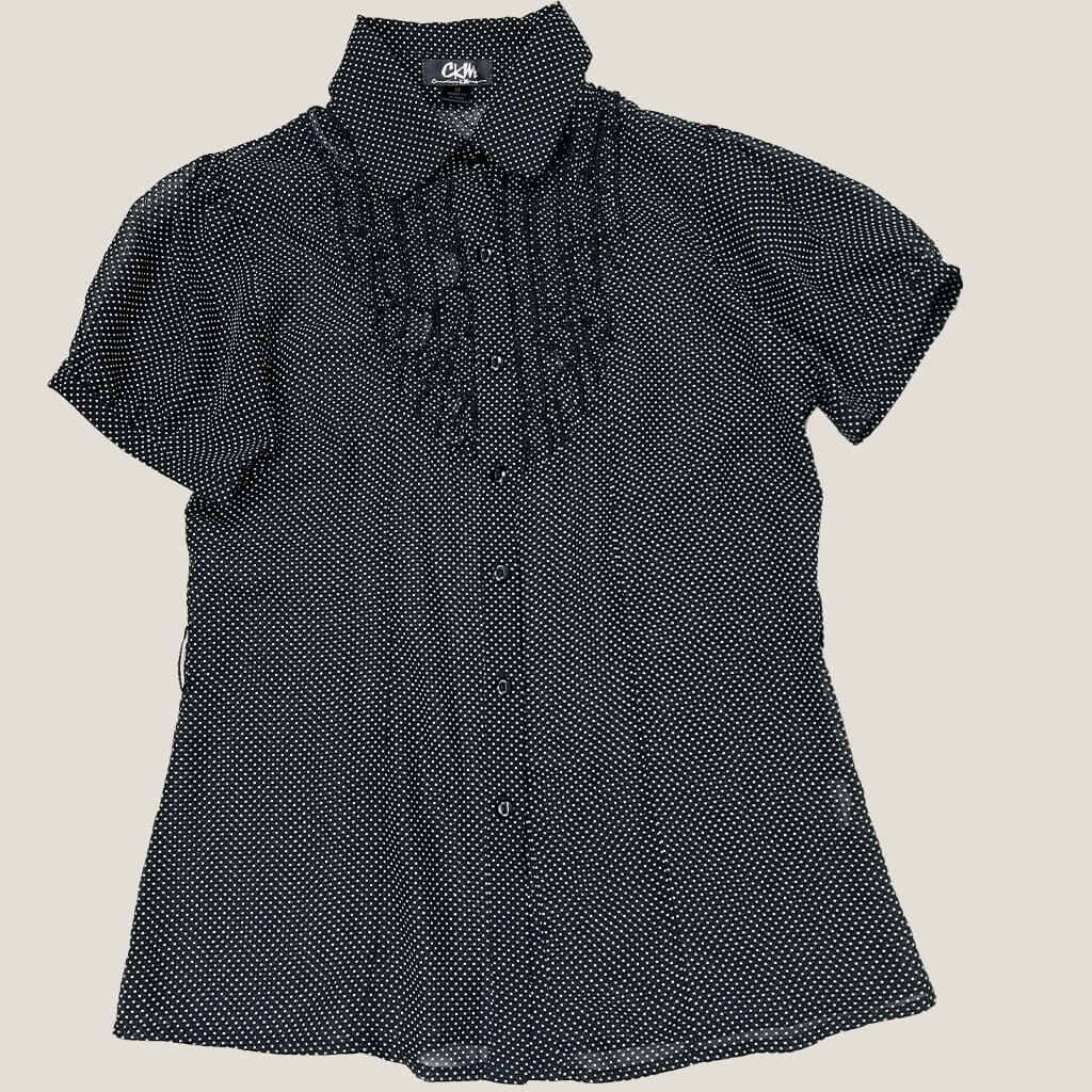 Front Carolyn Morgan Sheer Black and White Polkadot Shirt