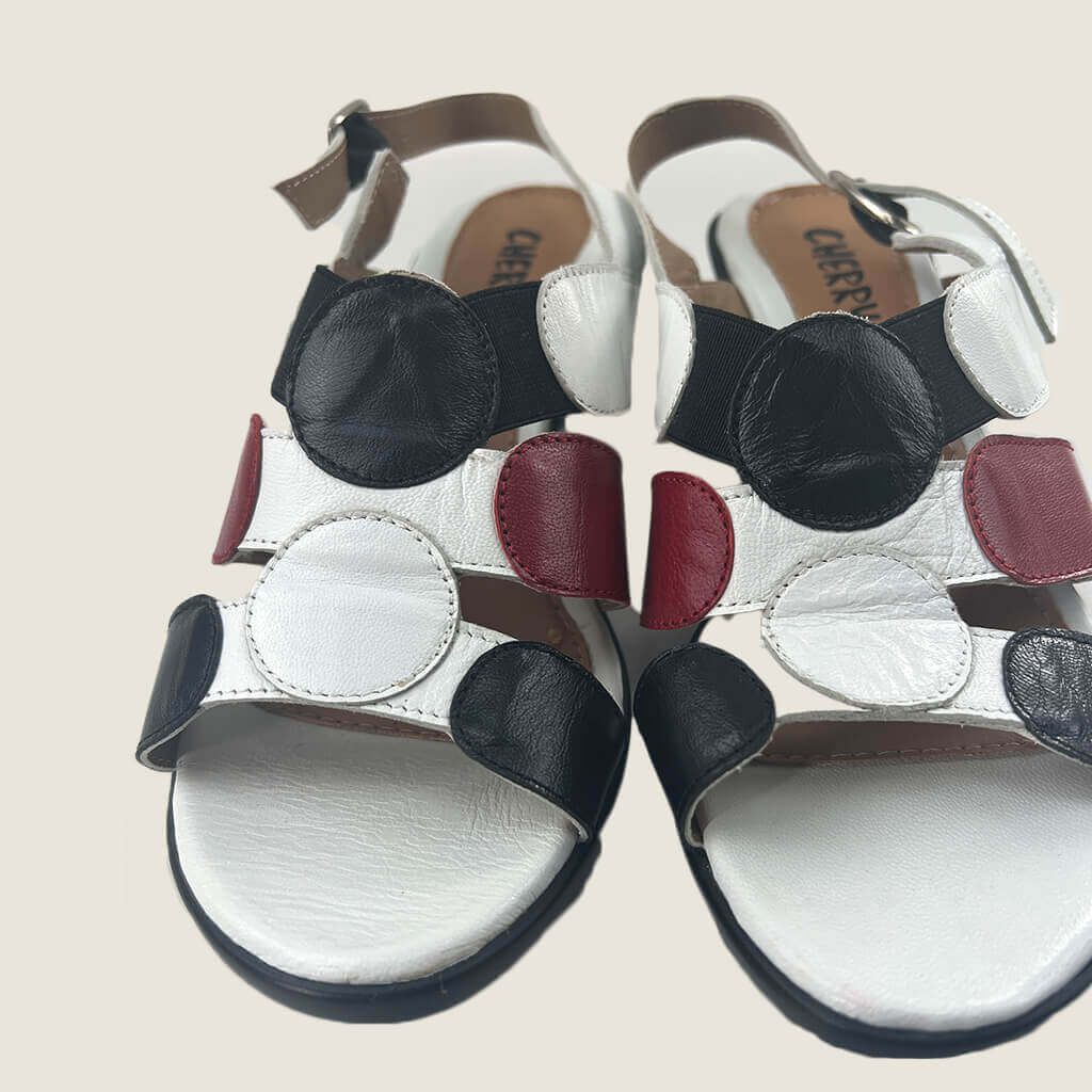 Cherry Kitten Heel Multi-Coloured Open Toes Sandals Red, White and Black front