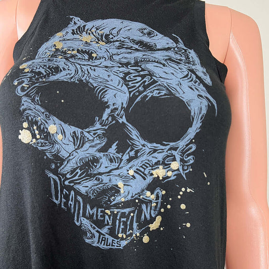 Skull designed from Sharks with text 'dead men tell no tales'