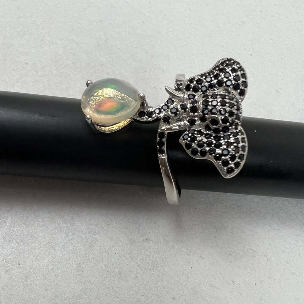 Elephant Ring With Fire Opals, Black Spinel and White 14K Gold Plated