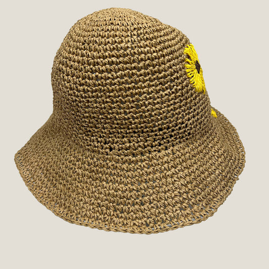 Lala Beige Straw Sun Hat With Yellow Flower Front