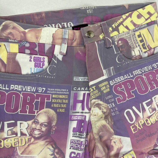 Oversized jeans with 90's magazine print waist detail