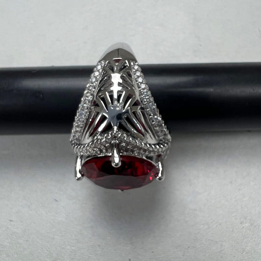 Triple White Gold Plated With Red Cubic Zirconia Side