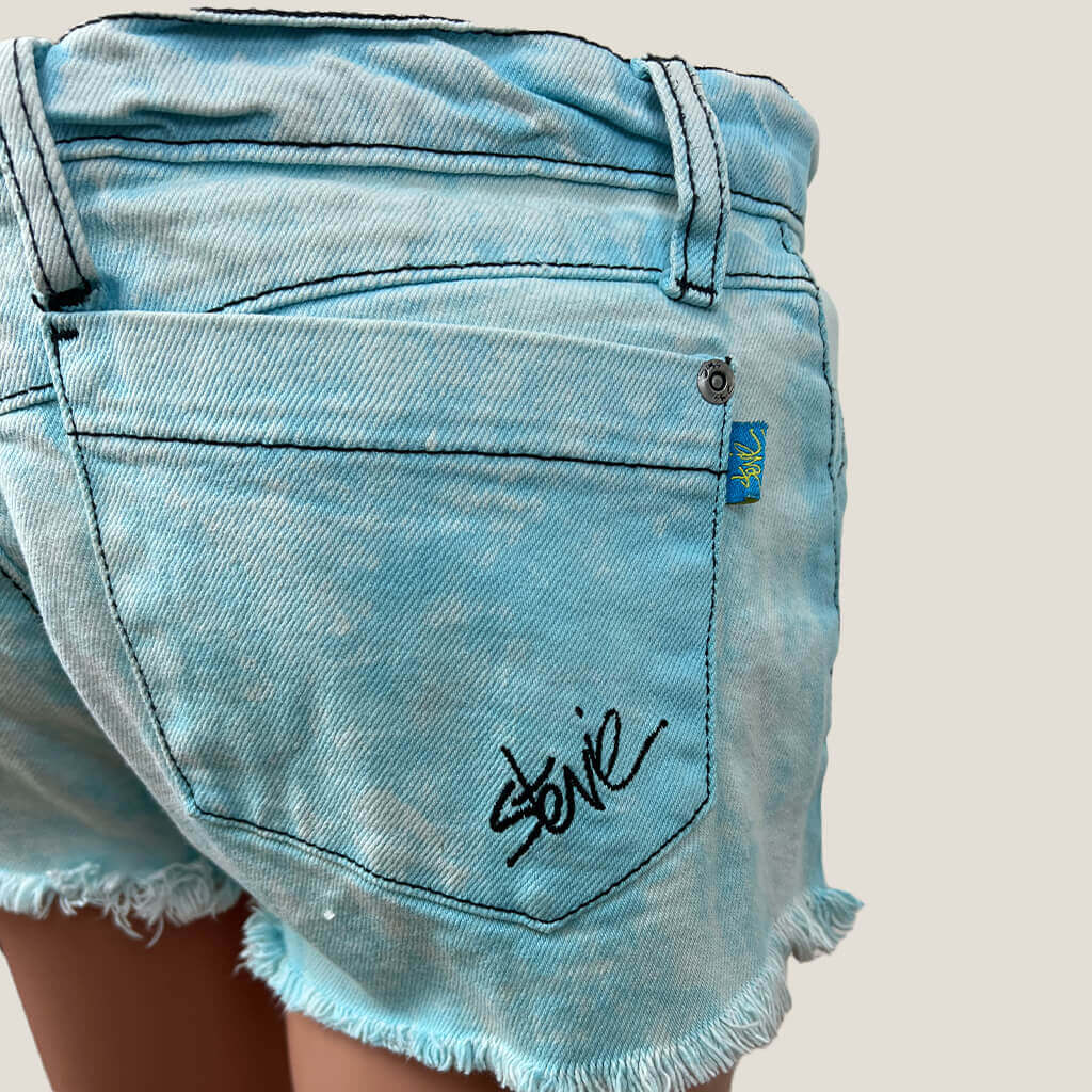 Stevie Blue Wash Denim Short Logo back pocket