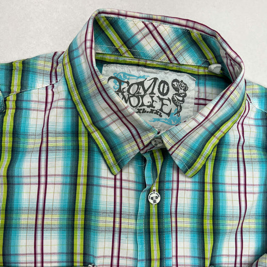 Tomo Wolfe Mens Checkered Distressed Shirt Collar